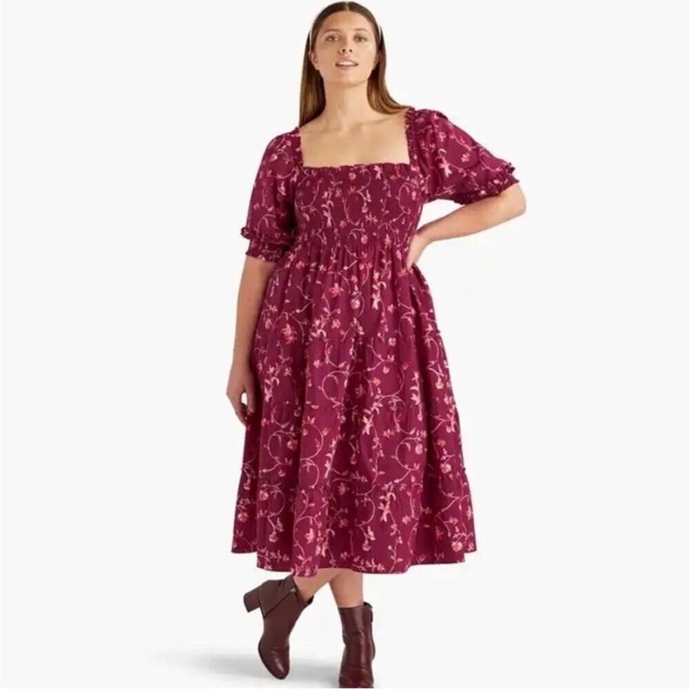 Hill House The Nesli Nap‎ Smocked Dress Burgundy Botanical Floral Womens Size XS